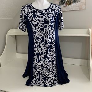 Blue and white midi dress.